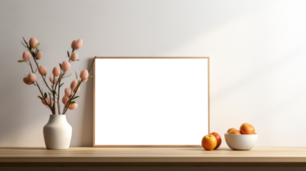 Photo poster frame mockup with a green plant and wooden frames on a transparent background. area PNG File