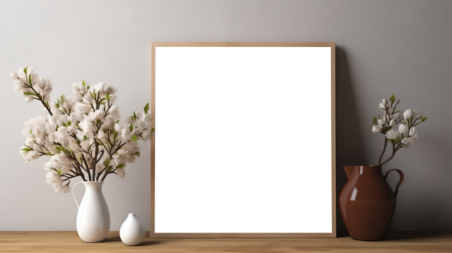 Photo poster frame mockup with a green plant and wooden frames on a transparent background. area PNG File