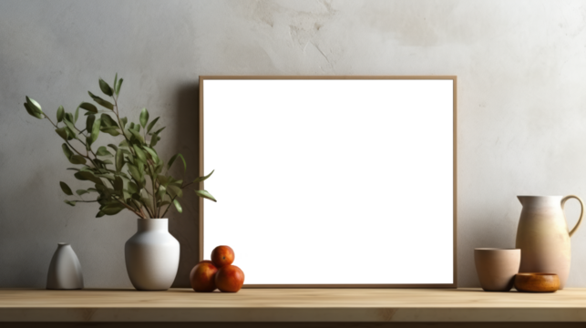 Photo poster frame mockup with a green plant and wooden frames on a transparent background. area PNG File
