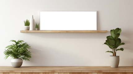 Photo poster frame mockup with a green plant and wooden frames on a transparent background. area PNG File