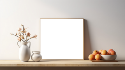 Photo poster frame mockup with a green plant and wooden frames on a transparent background. area PNG File