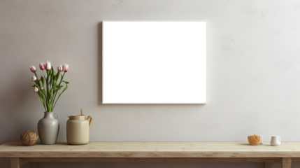 Photo poster frame mockup with a green plant and wooden frames on a transparent background. area PNG File