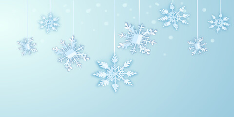 Naklejka na ściany i meble Vector blue christmas background with paper snowflakes. Editable gradient winter background with snow snowflakes 