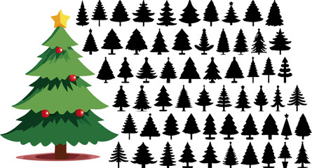 Collection de sapins de No&euml;l vectoriel, silhouettes vari&eacute;es, fond transparent, fichier PNG pour design festif