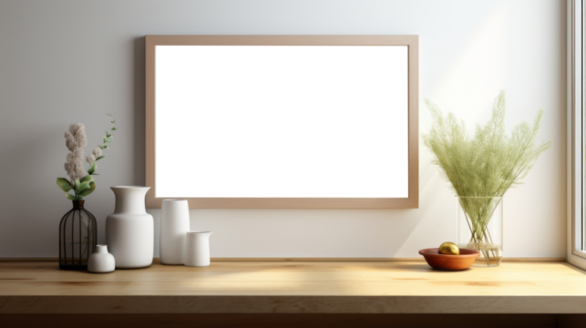 Photo poster frame mockup with a green plant and wooden frames on a transparent background. area PNG File