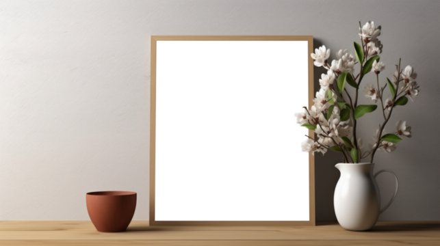 Photo poster frame mockup with a green plant and wooden frames on a transparent background. area PNG File
