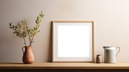 Photo poster frame mockup with a green plant and wooden frames on a transparent background. area PNG File