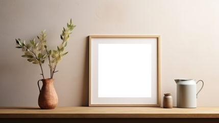 Photo poster frame mockup with a green plant and wooden frames on a transparent background. area PNG File