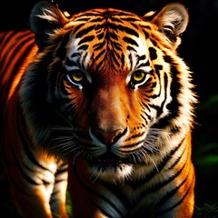 Naklejka premium A formidable tiger sneaks in the night forest. Generative AI.