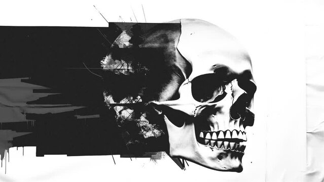 Collage animation with skull side view, the pile of paper pieces, black and white halftone, street art, and white paper background