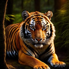 A formidable tiger sneaks in the night forest. Generative AI.