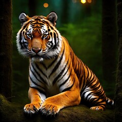 Fototapeta premium A formidable tiger sneaks in the night forest. Generative AI.