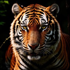 Fototapeta premium A formidable tiger sneaks in the night forest. Generative AI.