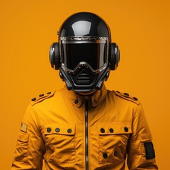 an astronaut with a futuristic space suite with a blacked out visor made of butter. On yellow background ar 16 --stylize 250 --v 5.2 Job ID: 05ba868f-1b17-4b30-ba93-12ec51e87023