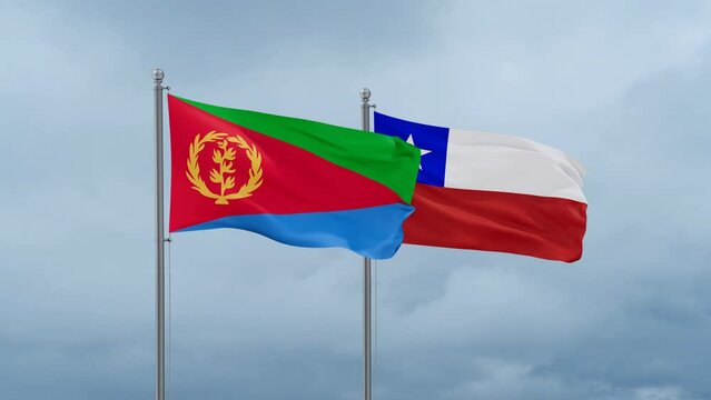 Chile flag and Eritrea flag waving together on cloudy sky, endless seamless loop, two country relations concept