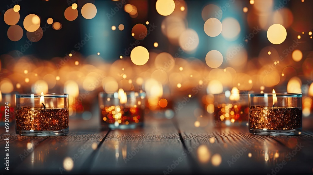 Poster abstract festive background with blurred bokeh lights and candle lanterns