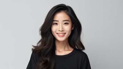 Obraz premium Young woman with long black hair smiles warmly against a neutral background during a studio photoshoot
