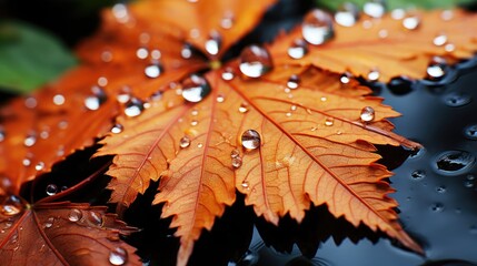 Raindrops of water on a yellow fallen autumn maple leaf, macro photography