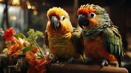 Two green parrots sitting on a branch next to each other, tropical exotic birds - Powered by Adobe