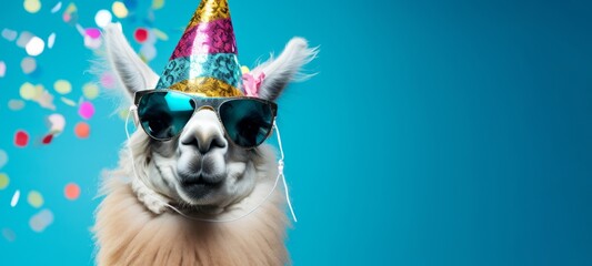  Happy Birthday, carnival, New Year's eve, sylvester or other festive celebration, funny animals card - Alpaca with party hat and sunglasses on blue background with confetti - obrazy, fototapety, plakaty