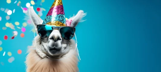 Foto op Plexiglas  Happy Birthday, carnival, New Year's eve, sylvester or other festive celebration, funny animals card - Alpaca with party hat and sunglasses on blue background with confetti © Corri Seizinger