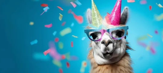 Fotobehang  Happy Birthday, carnival, New Year's eve, sylvester or other festive celebration, funny animals card - Alpaca with party hat and sunglasses on blue background with confetti © Corri Seizinger