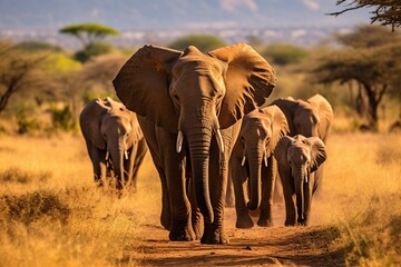 Herd of Elephants in the African Savannah. Generative AI.
