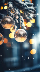 A lots of small Christmas ball decorated on night street light, hang on Christmas tree, snow, close-up, glittering, shiny light, winter. 