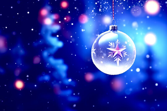 Christmas ball and stars hanging on pine tree,ice flakes,snowfall,shiny light. 