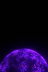 Glowing blue purple particles in shape of sci-fi sphere on black backdrop. Dark space vertical background with hi-tech 3D globe ball. Digital Earth. Cyber technology, satellite 5G, business connection