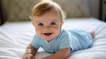 Baby lying on bed. The baby is smiling and seems to be enjoying the time spent on the bed.