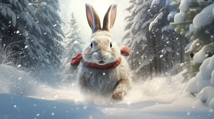 Rabbit in a Santa hat, hopping through a winter forest Ai Generative