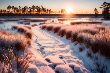 Wooden path through marsh covered with snow. Beautiful winter evening and cold frosty winter sunset. Selective focus. Kakerdaja nature trail. Estonia