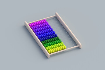 Colorful toy abacus on gray table. Preschool education. Business and finance concept. Elementary mathematics. Math lesson at school. Balance calculation. 3d render