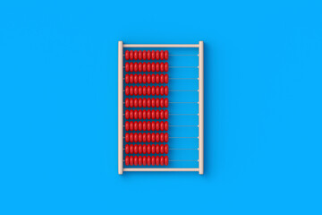 Toy abacus on blue background. Preschool education. Business and finance concept. Elementary mathematics. Math lesson at school. Balance calculation. Top view. 3d render