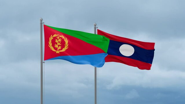 Laos flag and Eritrea flag waving together on cloudy sky, endless seamless loop, two country relations concept