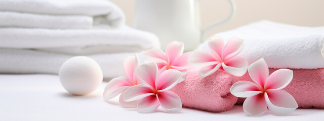 Fototapeta na wymiar Spa towels and plumeria flowers. Selective focus.
