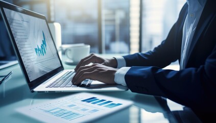 Business professional working on a laptop with financial graphs in a modern office during the morning