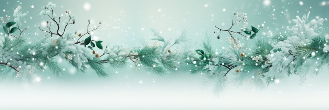 Festive Winter Banner. Spruce Branches, Snowflakes and Tiffany Color - Seasonal Design