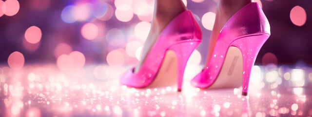 Beautiful shiny high heel shoes on a woman's feet. Selective focus.