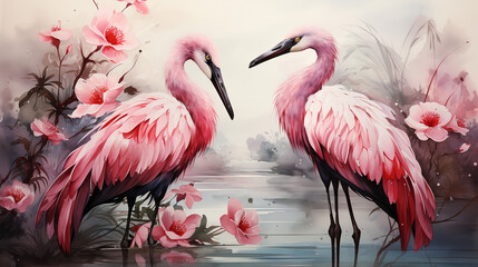 flamingos in tropical plants on a textured background in light colors in a watercolor style.