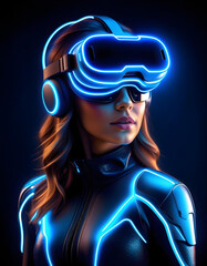 Young girl wearing VR glasses. Neon Futuristic Look