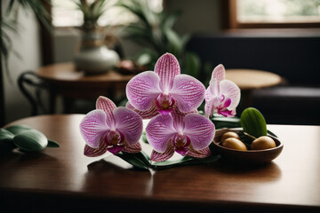 Obraz na płótnie Canvas Indoor pink flower Orchid in a beautiful glass vase on a wooden table. Floral detail in interior design.