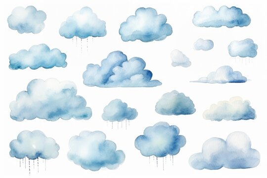 Set of weather forecast clouds on a white background. Watercolor drawing. Group of different cumulus clouds for meteorology