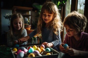 Obraz premium Kids joyfully decorating colorful Easter eggs indoors during a sunny afternoon in a cozy home environment