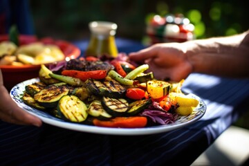 human serving a plate of freshly barbecued veggies - obrazy, fototapety, plakaty