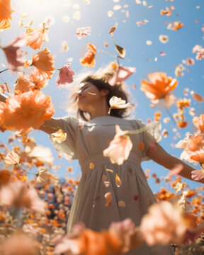 Fototapeta A beautiful young girl dances in nature, spring flowers peach fuzz color swirl and fly around her.