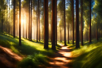 pine forest panorama in summer. Pathway in the park