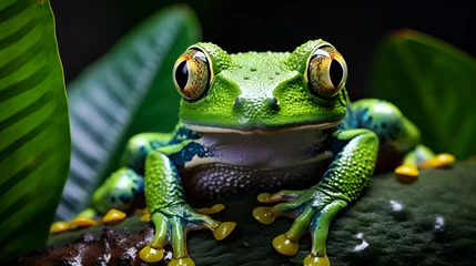 Foto op Aluminium green frog on a leaf, frog green liquid live wallpaper,  © microtech