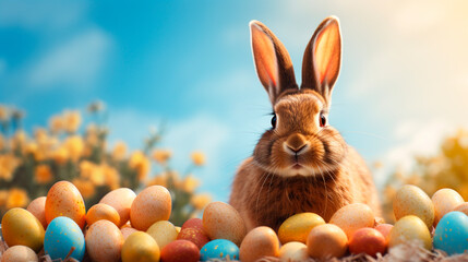 Fototapeta na wymiar Easter bunny and many Easter eggs. Selective focus.